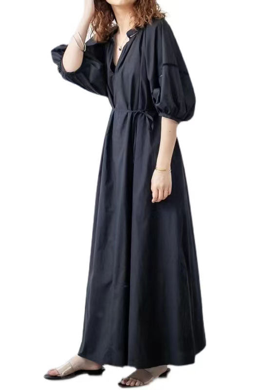 Diy Black V Neck Hollow Out Patchwork Cotton Dress Lantern Sleeve