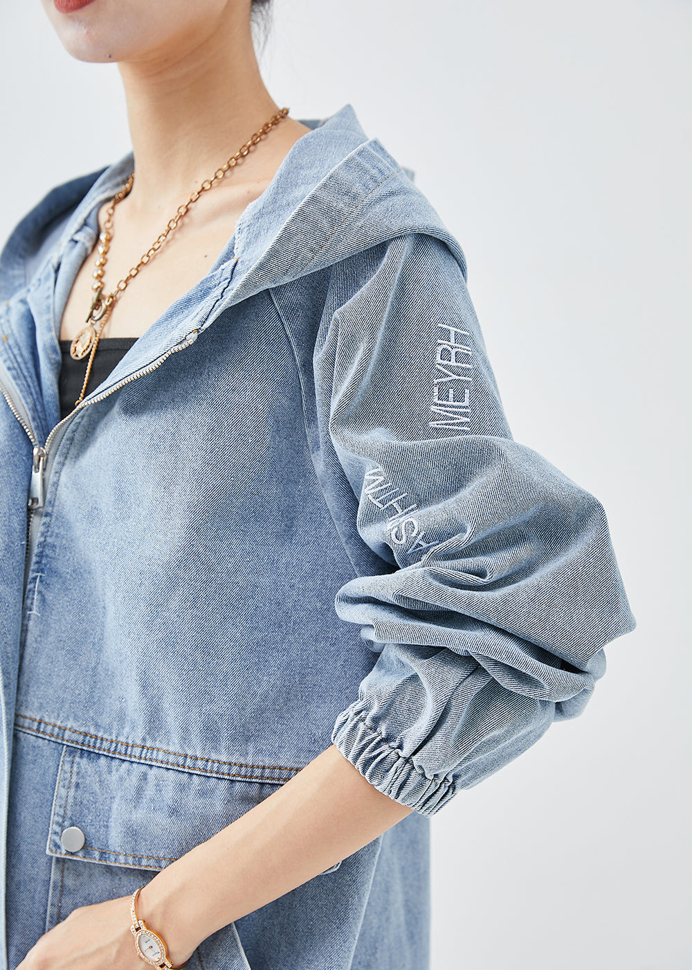 Diy Blue Hooded Letter Embroidered Denim Coat Fall