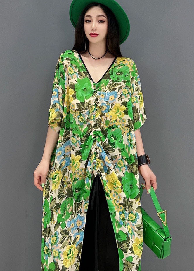 Diy Green V Neck Patchwork Print Wrinkled Long Dress Short Sleeve