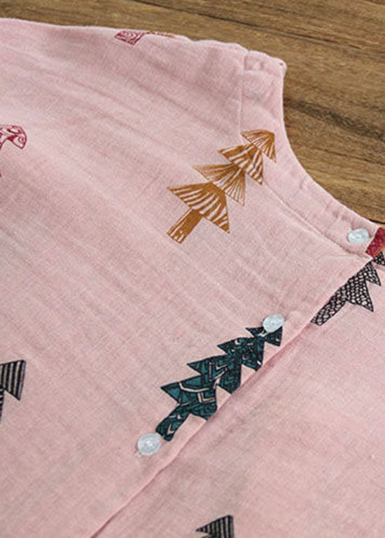 Diy Pink O Neck Print Cinched Patchwork Cotton Shirt Top Summer