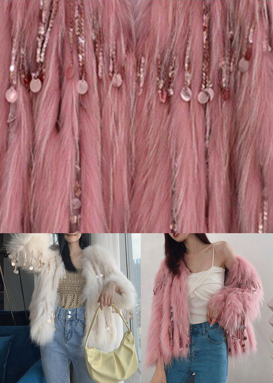 Diy Pink O-neck Tassel Leather and Faux Fur Coats Winter