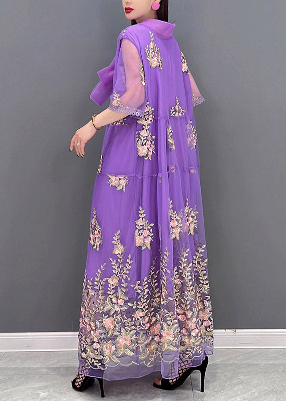 Diy Purple Peter Pan Collar Embroideried Lace Patchwork Tulle Holiday Dress Three Quarter Sleeve
