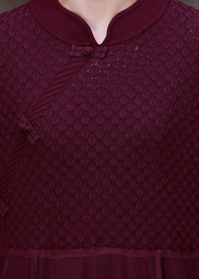 Diy Purple Stand Collar Tulle Patchwork Knit Mid Dress Long Sleeve