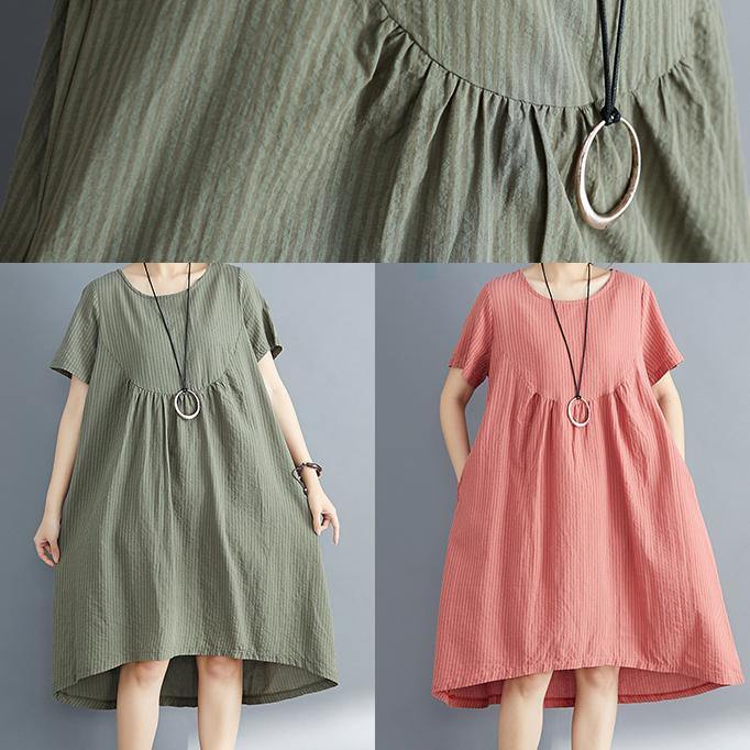 Diy O Neck Asymmetric Cotton Clothes Catwalk Army Green Striped Midi Dress Summer
