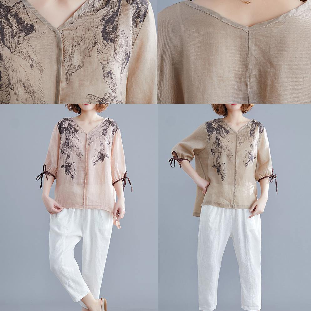 Diy V Neck Side Open Cotton Linen Crane Tops Nude Print Shirts Summer
