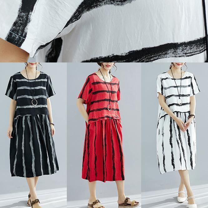 Diy White Striped Cotton Dress Fitted Pattern O Neck Pockets Shift Summer Dresses