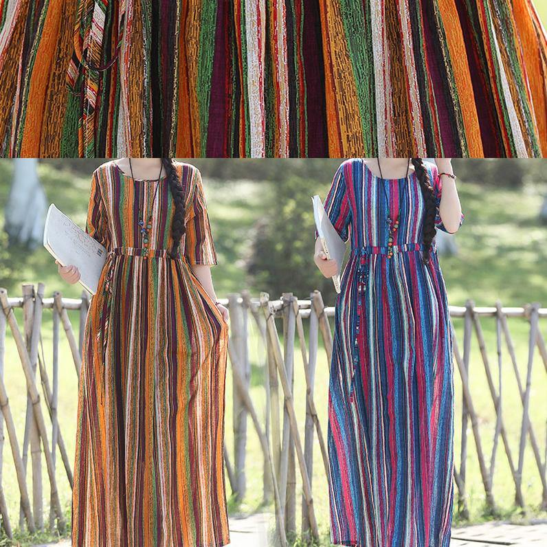 Diy Yellow Striped Cotton Linen Dresses Inspiration O Neck Half Sleeve Clothing Summer Dress