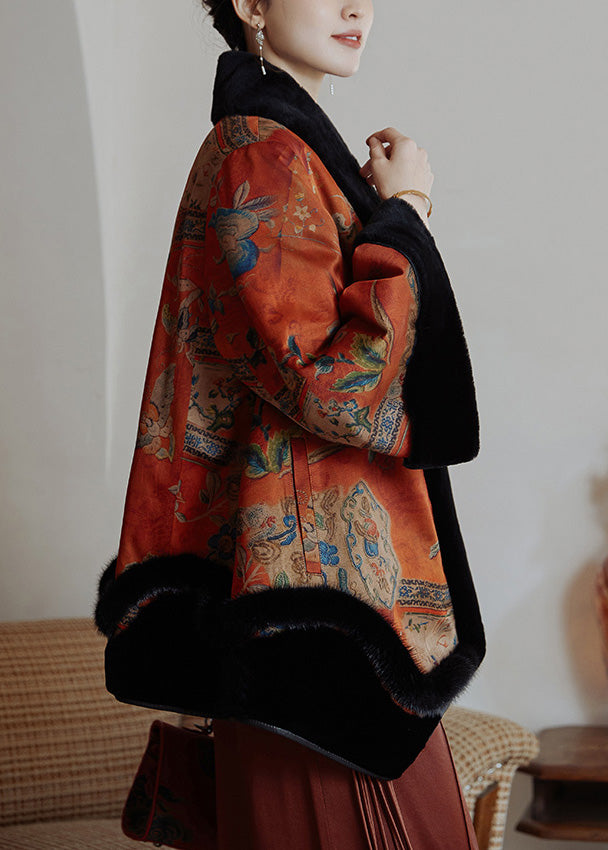 Dinner Fur Collar Print Button Leather and Fur Outwear Winter