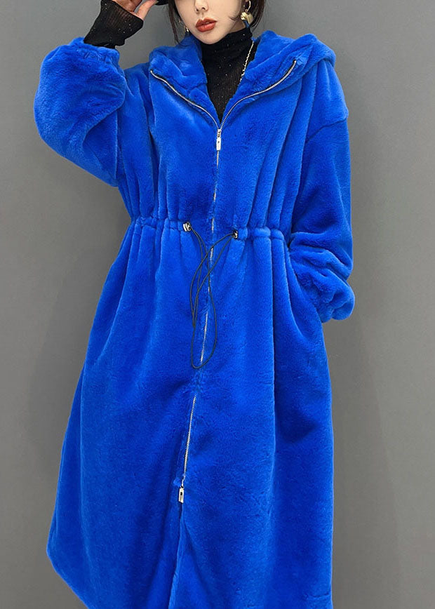 Diy Blue Zippered Hooded Drawstring Fuzzy Fur Fluffy Long Coats Winter
