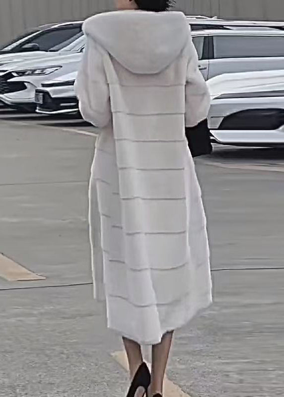 Beige Hooded Pockets Leather and Fur Long Coats Winter
