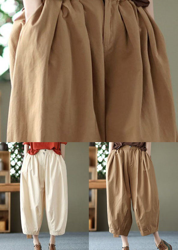 Beige Pockets Wrinkled Patchwork Linen Crop Pants Summer