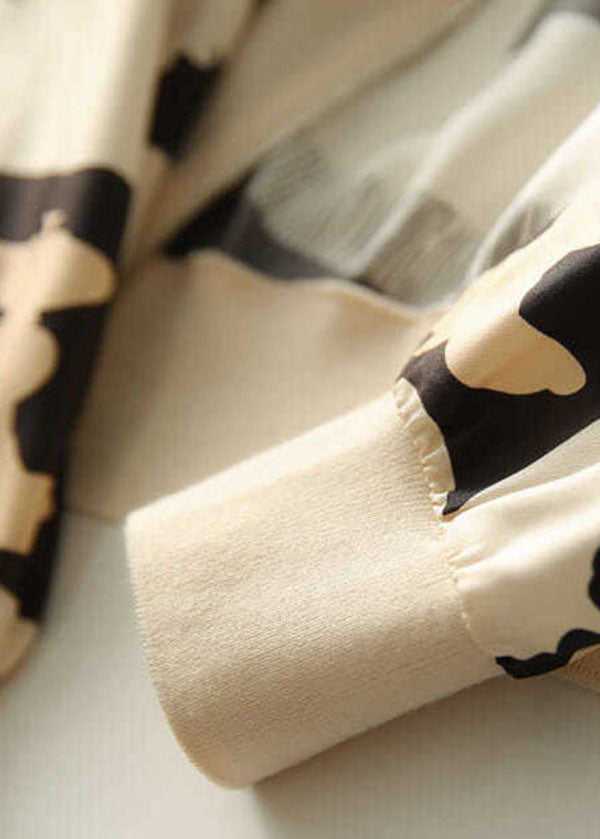 Beige V Neck Zippered Patchwork Print Silk Coat Spring