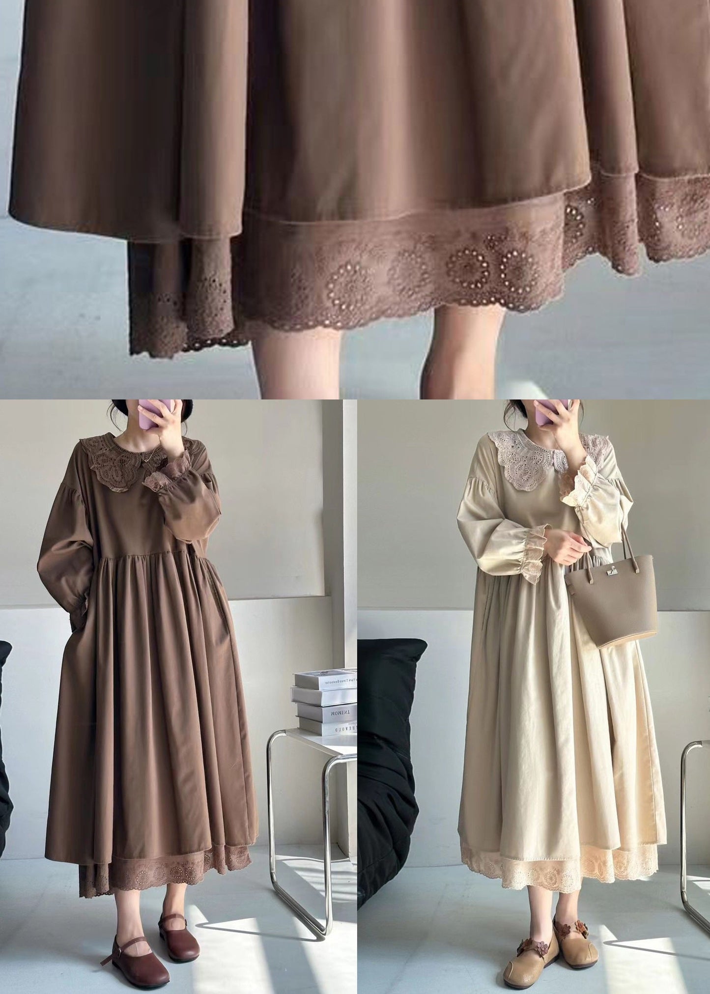 Beige Wrinkled Lace Patchwork Cotton Dress Spring