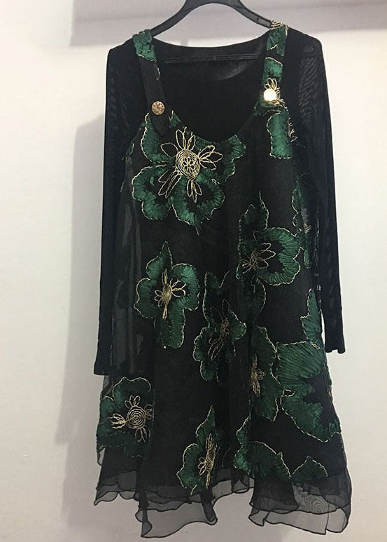 Black Bottomed Shirt + Embroideried Print Dress Fall Two Pieces Set