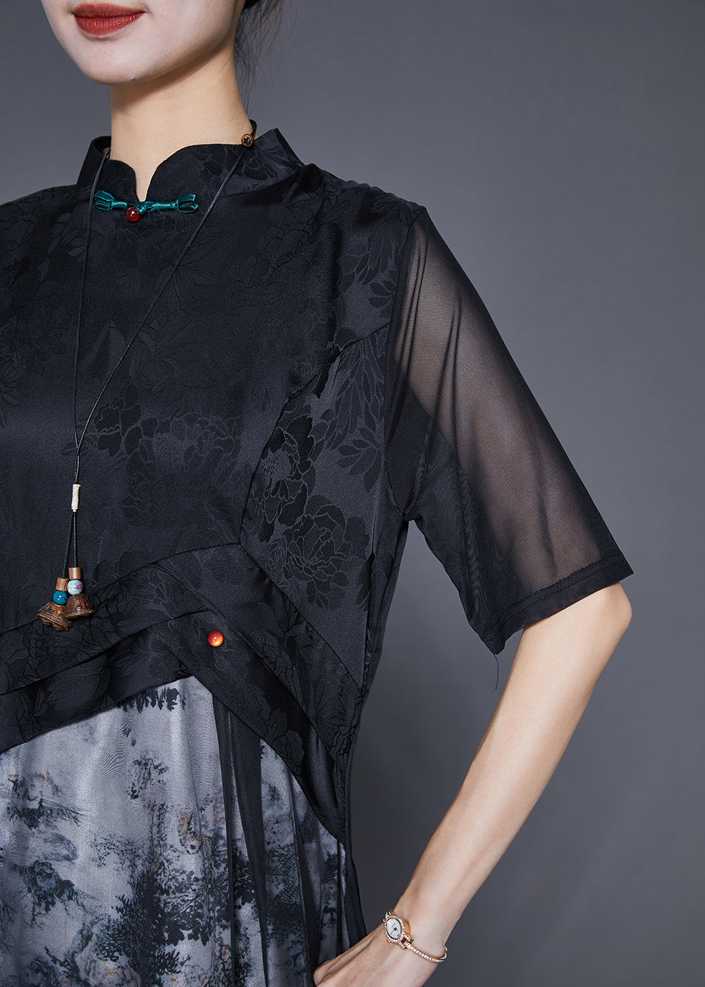 Black Mandarin Collar Patchwork Print Chiffon Dresses Summer