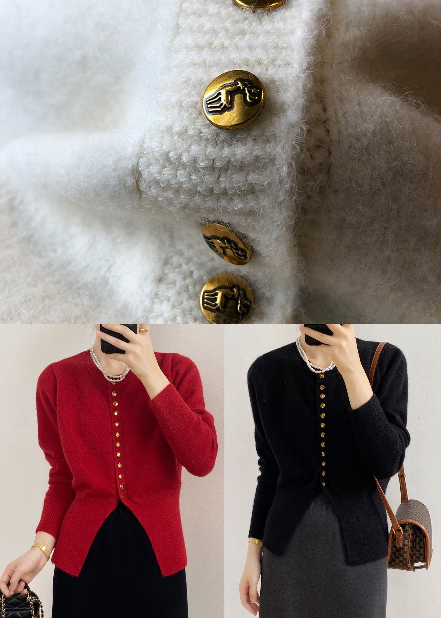 Black O Neck Button Fitted Knit Cardigan Spring
