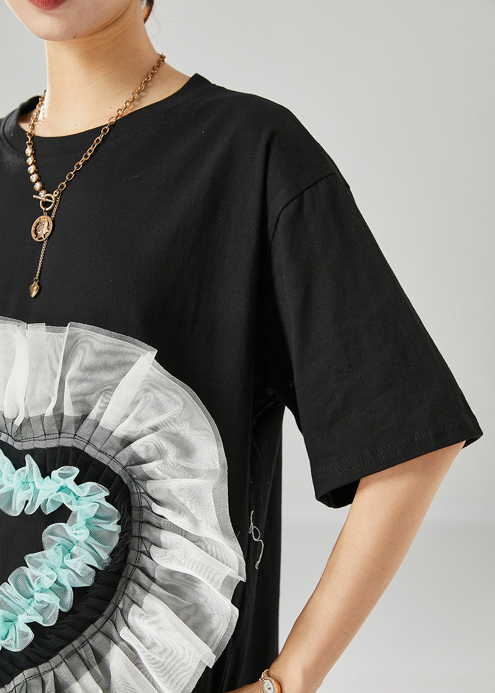 Black Oversized Patchwork Love Appliqued Cotton Tank Tops Summer