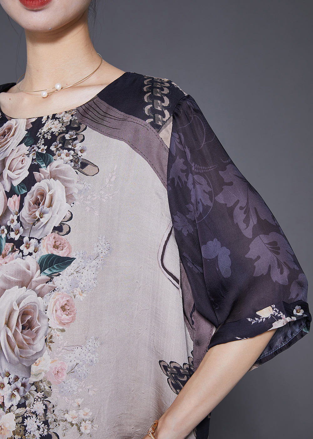 Black Oversized Print Chiffon Fake Two Piece Blouse Tops Summer
