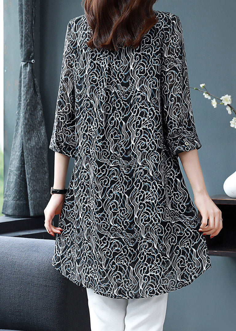 Elegant Black Peter Pan Collar Button Print Chiffon Shirt Tops Spring