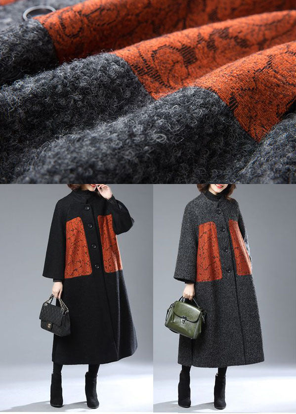 Black Stand Collar Oversized Print Woolen Coats Winter