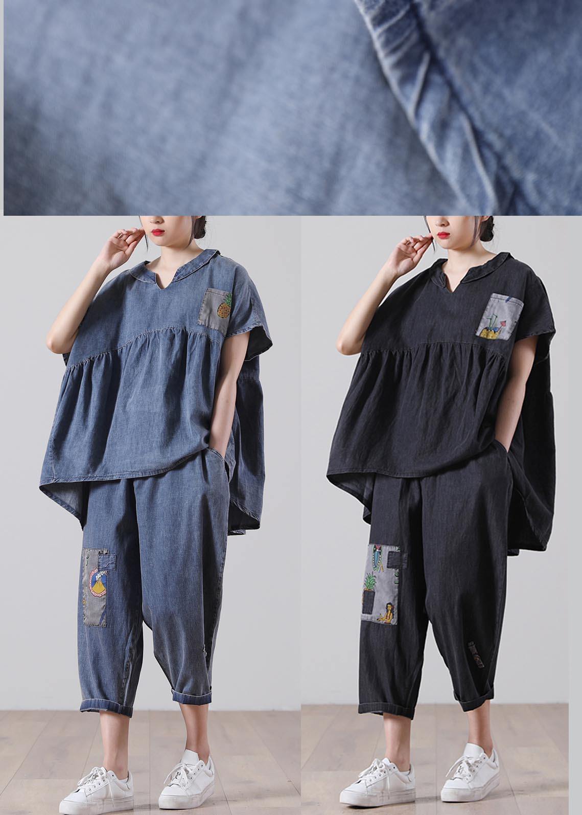 Elegant Black patchwork Pockets Cotton Two Pieces Set Summer