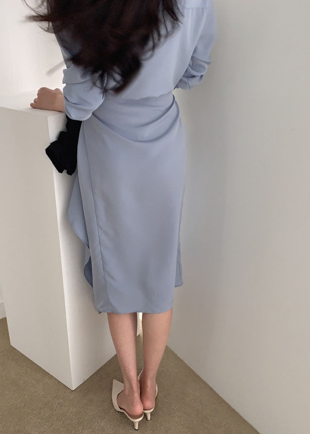 Blue Asymmetrical Cotton Holiday Dress Long Sleeve
