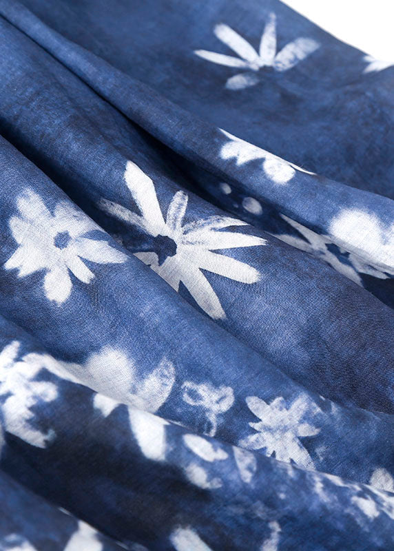 Blue O-neck Print Tie Waist Cotton Long Dresses Short Sleeve