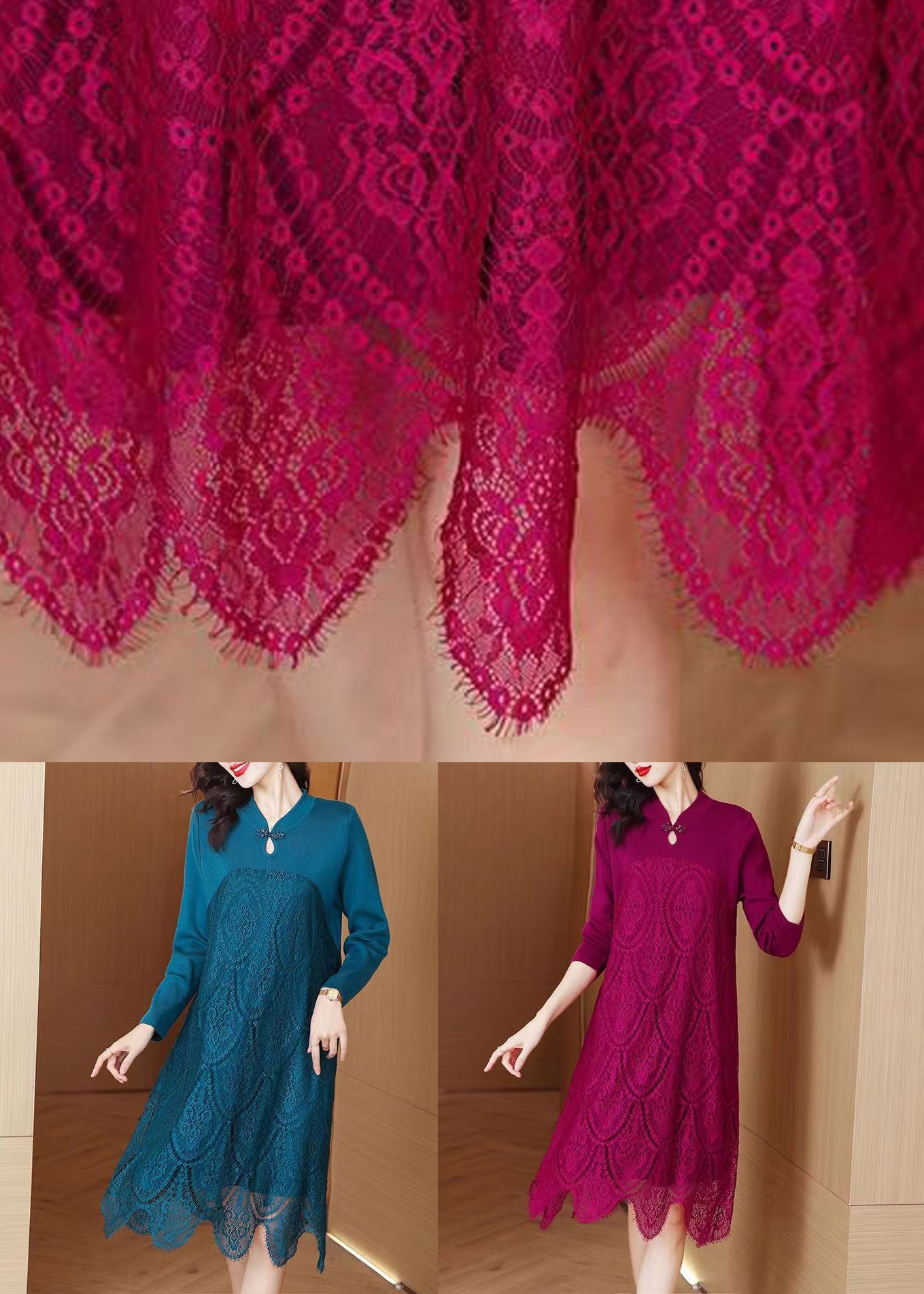 Blue Stand Collar Knit Patchwork Lace Sweater Dress Fall