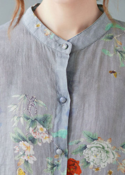 Purple Flower Stand Collar Print Tops Half Sleeve