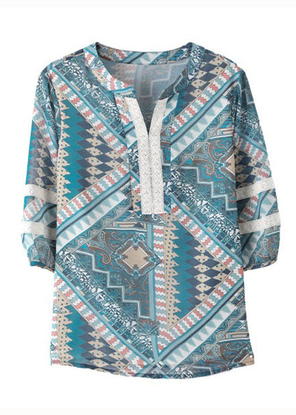 Blue V Neck Print Lace Patchwork Chiffon Shirt Top Summer