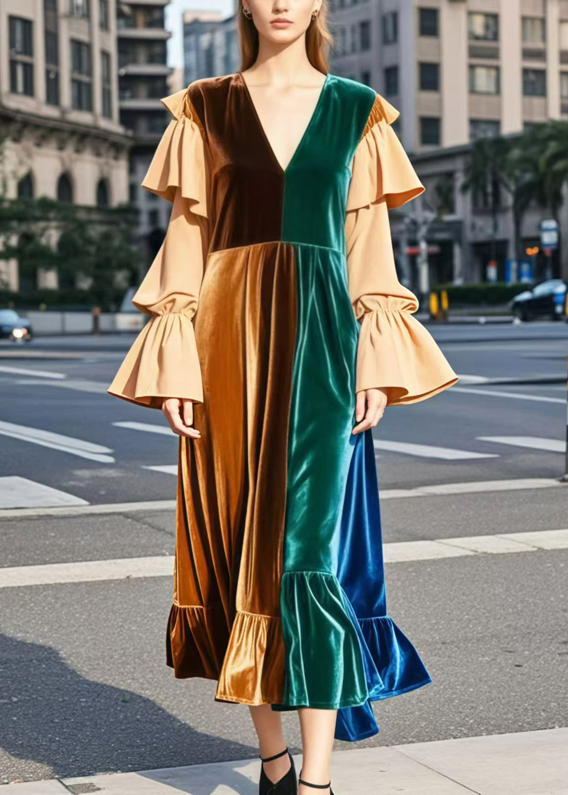 Brown V Neck Patchwork Silk Velvet Robe Dresses Flare Sleeve