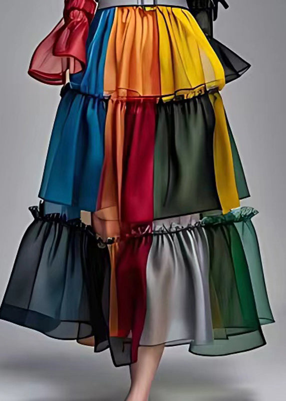 Colorblock Ruffled Patchwork Sashes Chiffon Maxi Dresses Fall