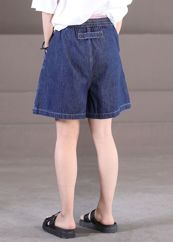 Dark Blue Elastic Waist Pockets Cotton Hot Pants Shorts Summer