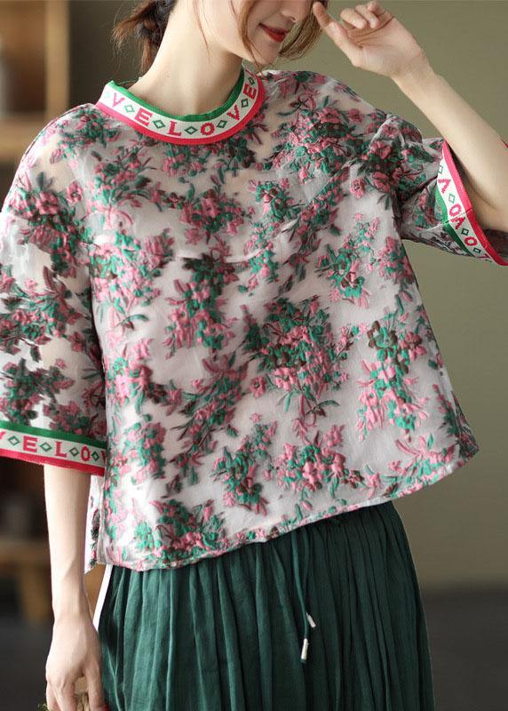 Embroideried Retro O-neck Summer Blouses Half Sleeve