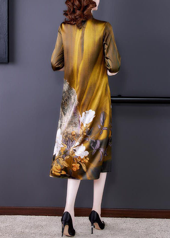 Gold O Neck Print Patchwork Silk Dress Summer