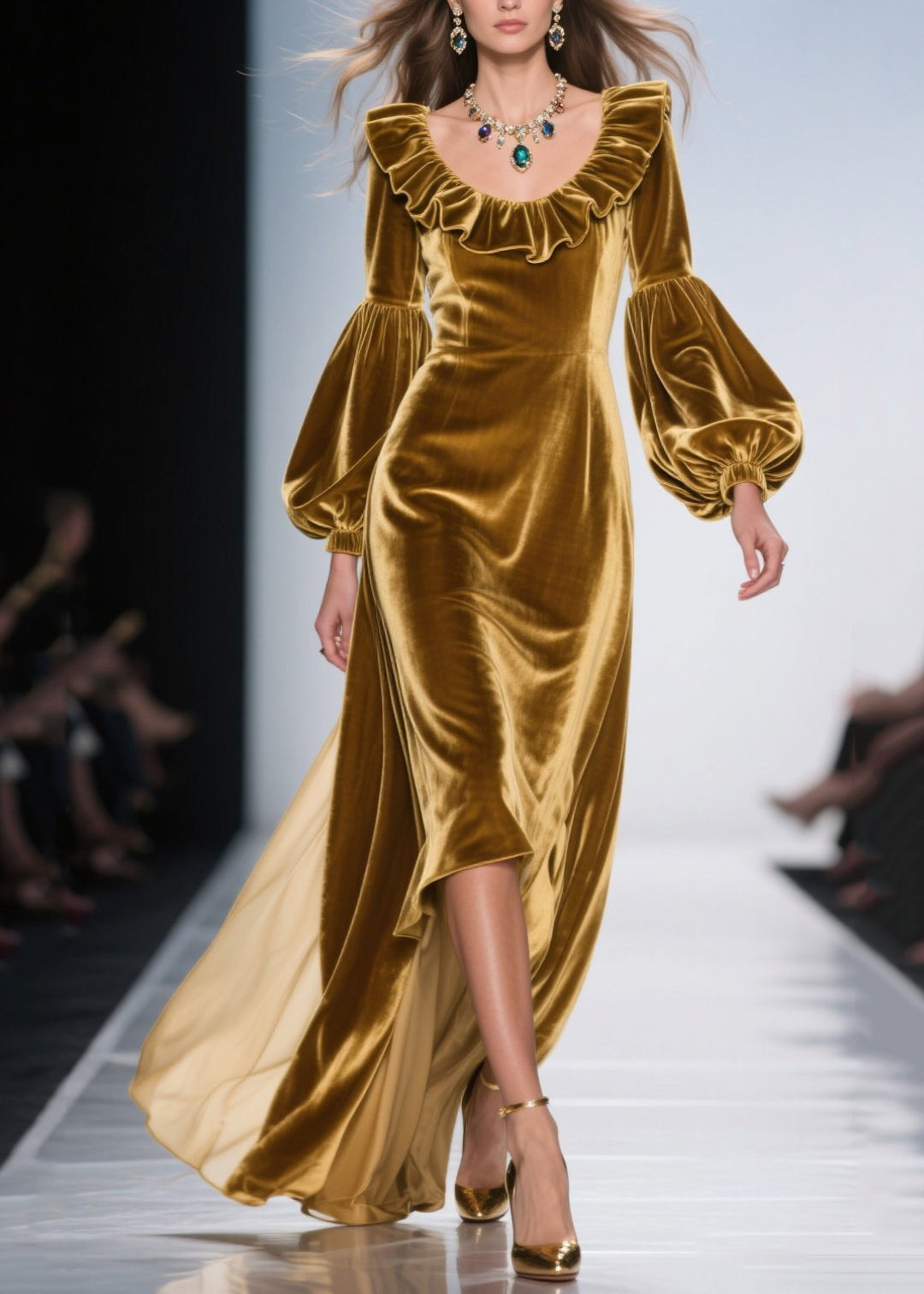 Golden Ruffles Silk Velvet Party Dresses Lantern Sleeve