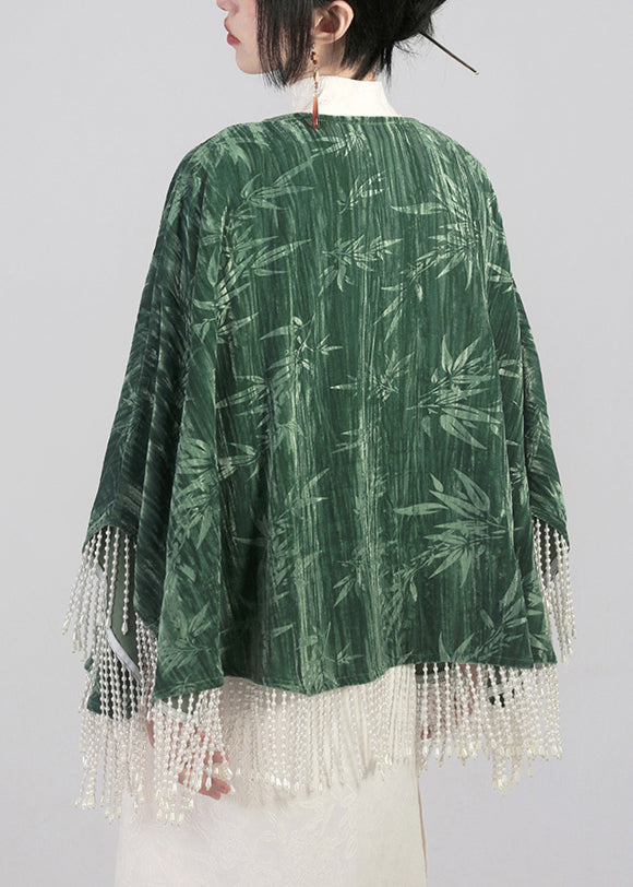Green Tasseled Chinese Button Cotton Cape Coats Spring