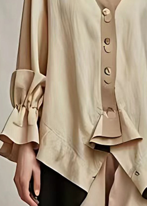 Khaki V Neck Button Cotton Coat Long Sleeve