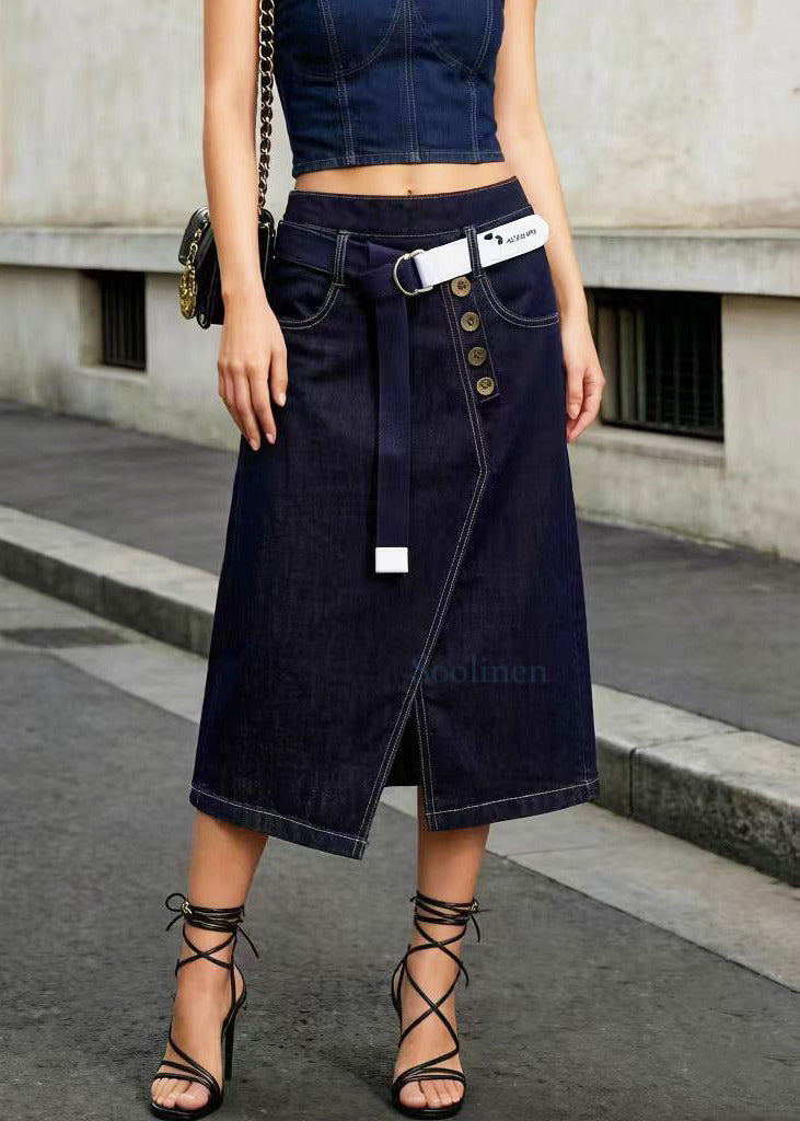 Navy Asymmetrical Side Open Denim Skirt Summer
