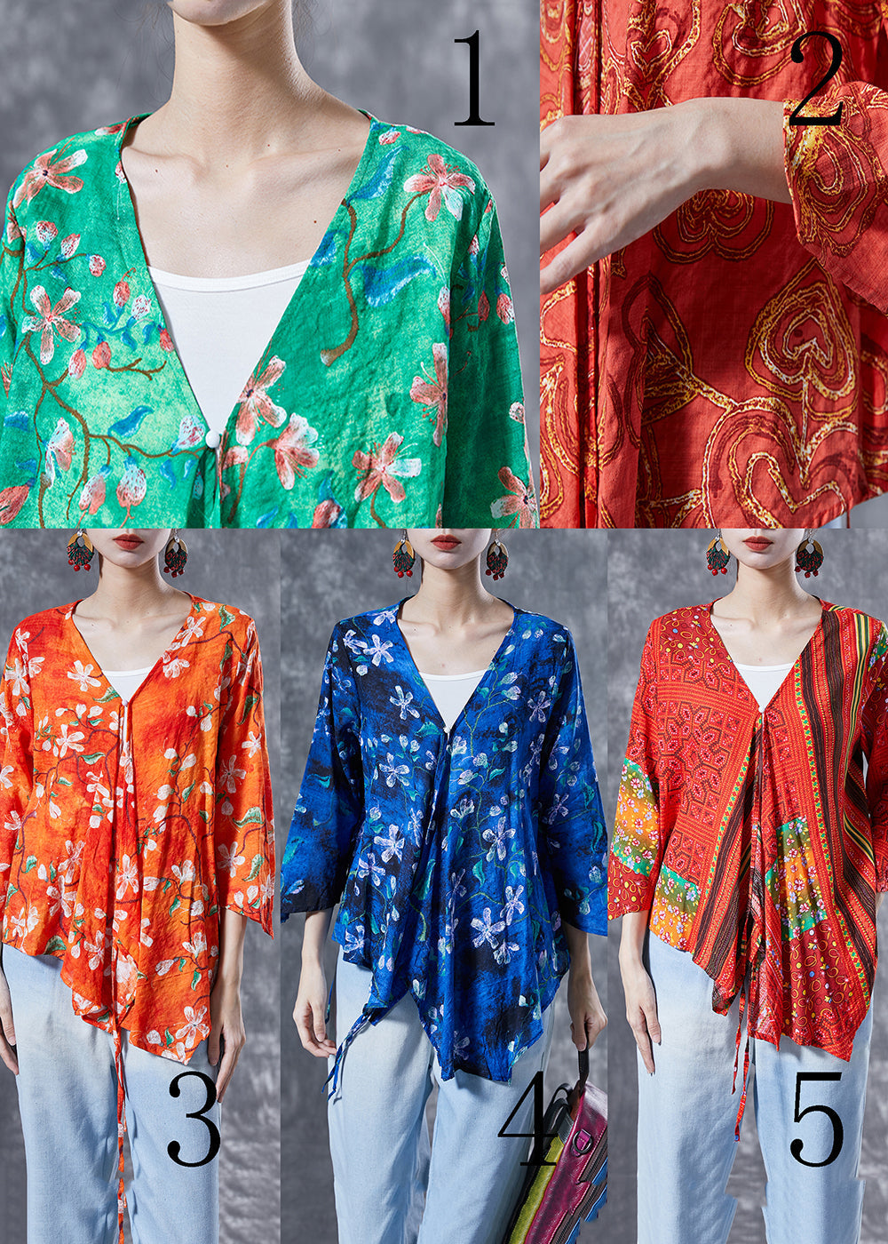 Orange Flower Print Lace Up Cotton Shirt Tops Bracelet Sleeve