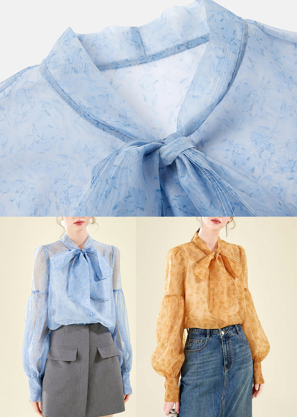 Elegant Orange Stand Collar Chiffon Top Lantern Sleeve