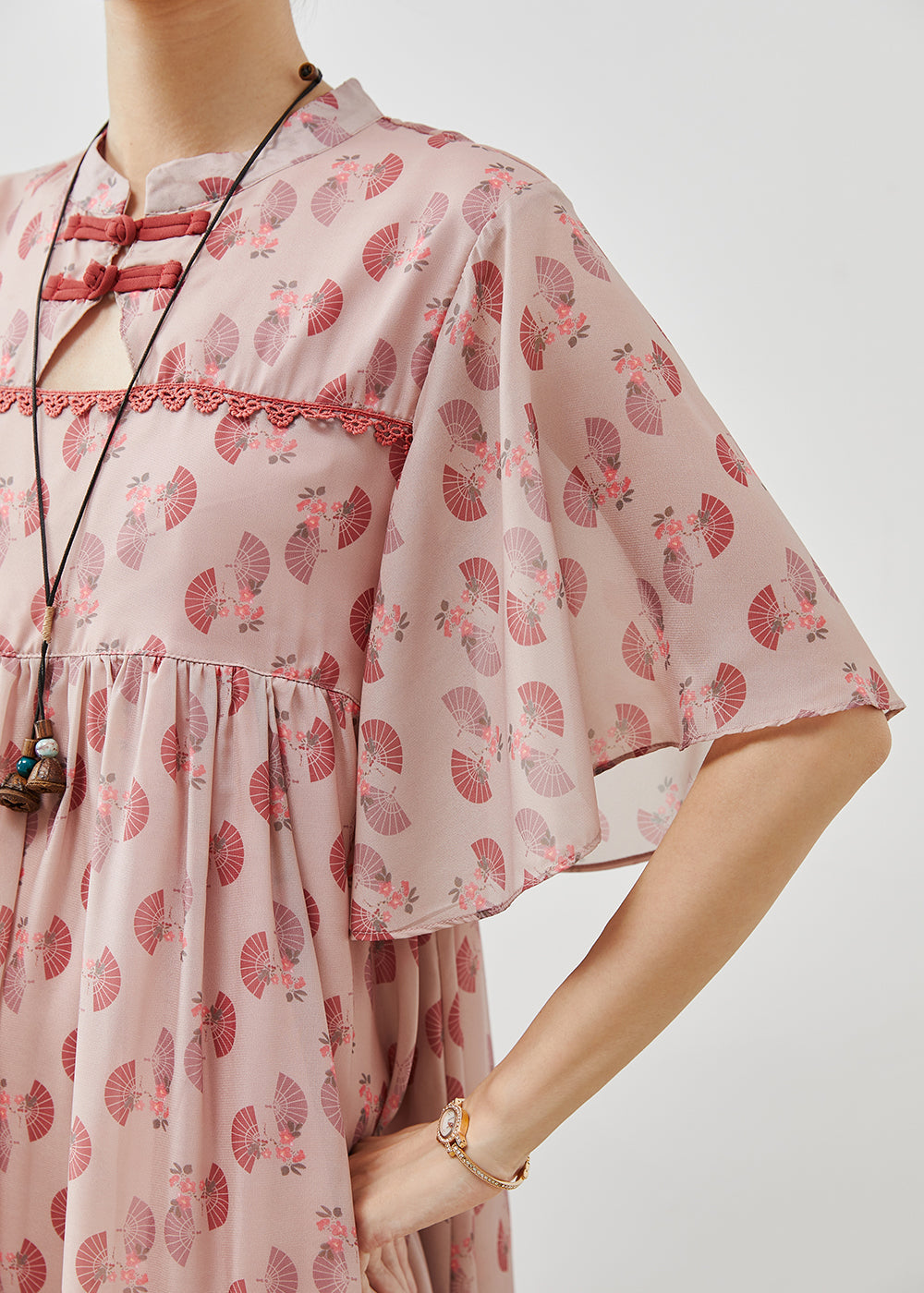 Pink Chinese Button Print Chiffon Dress Summer
