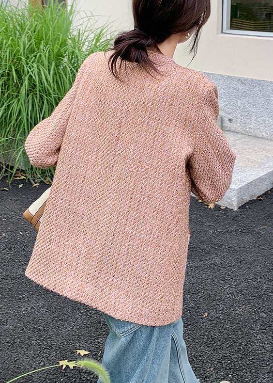 Pink O Neck Button Pockets Coat Spring
