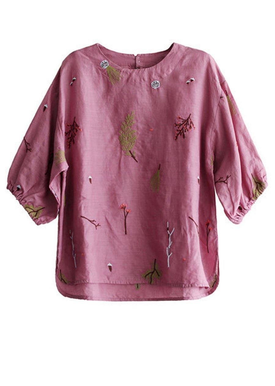 Pink O-neck Embroideried Summer Linen Blouses