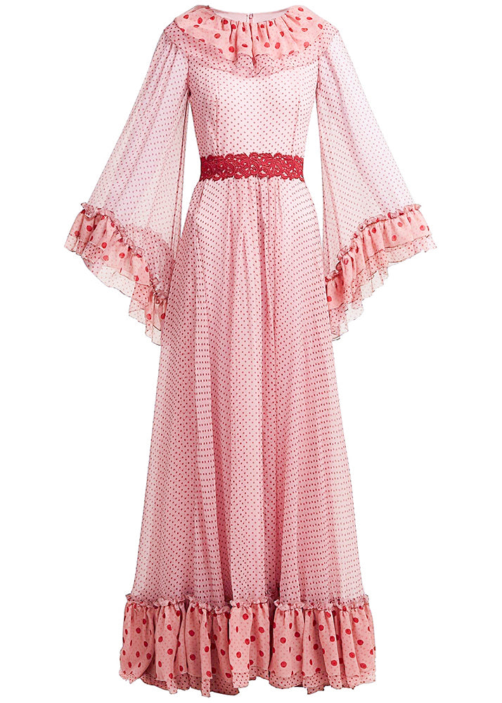 Pink Ruffled Dot Patchwork Chiffon Dresses Spring