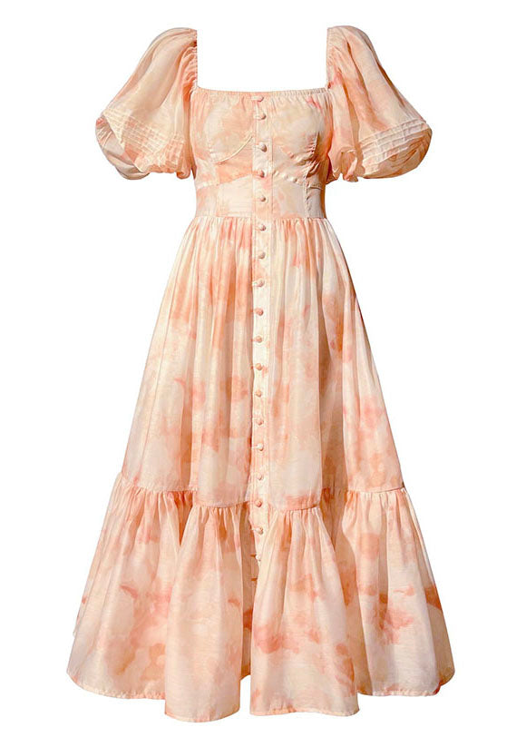 Pink Square Collar Patchwork Print Silk Dress Puff Sleeve
