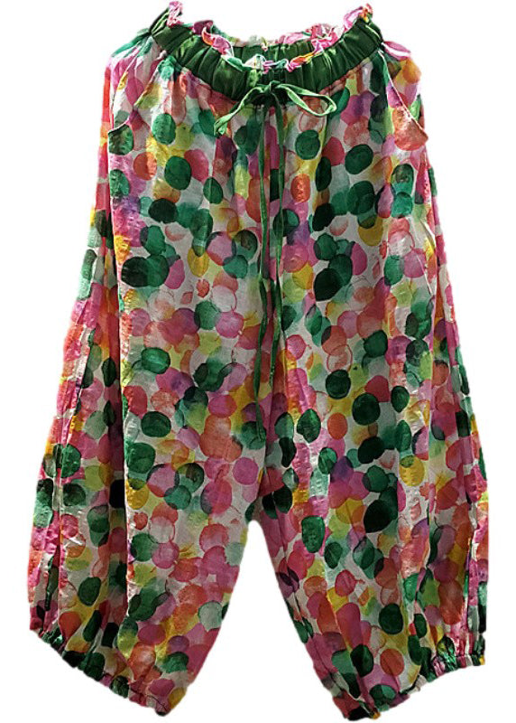 Print Elastic Waist Tie Waist Linen Crop Pants Fall