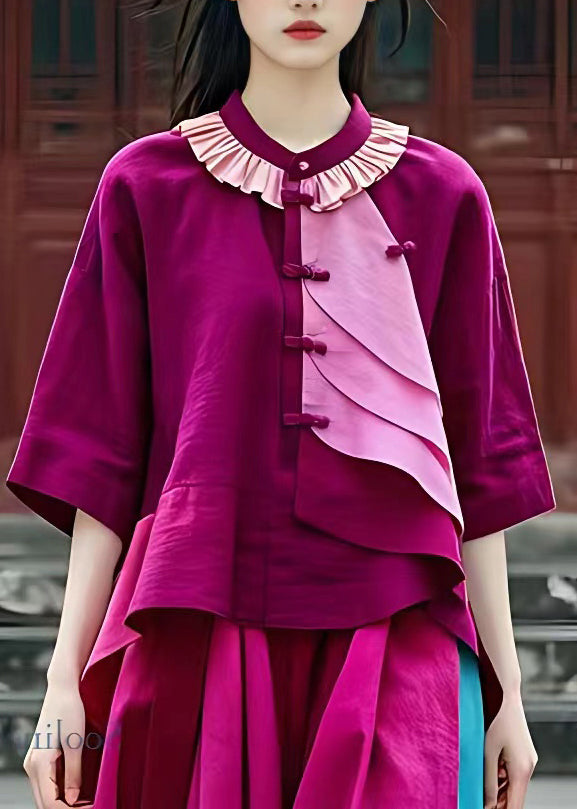 Purple O-neck Patchwork Low High Design Shirt Half Sleeve