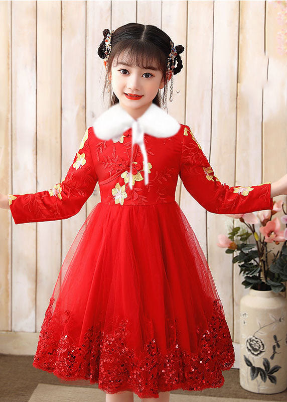 Red Fur Collar Sequins Patchwork Button Tulle Long Dress Winter