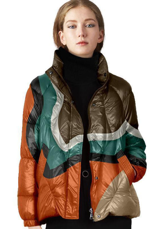 Red Stand Collar Zip Up Print Fine Cotton Filled Parkaer Winter